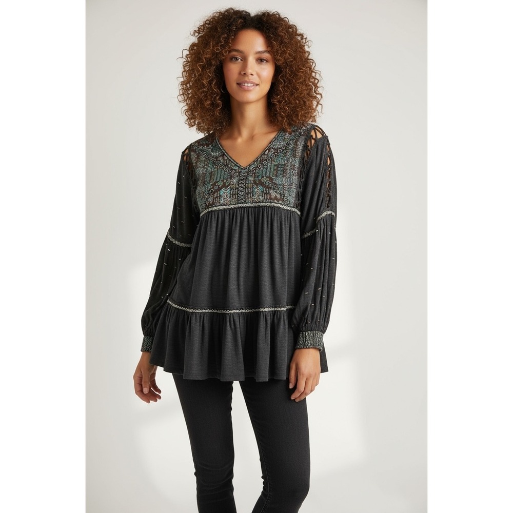 $148 Free People Much Love Tunic / Mini Dress Embroidered Cutout Back Black Sz S - Picture 3 of 12